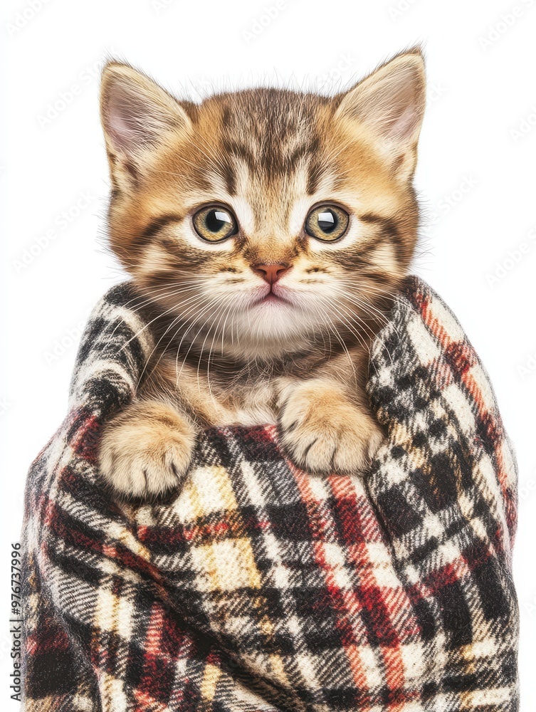 Cute Kitten Wrapped in a Plaid Blanket Cute Kitten Wrapped in a Plaid Blanket