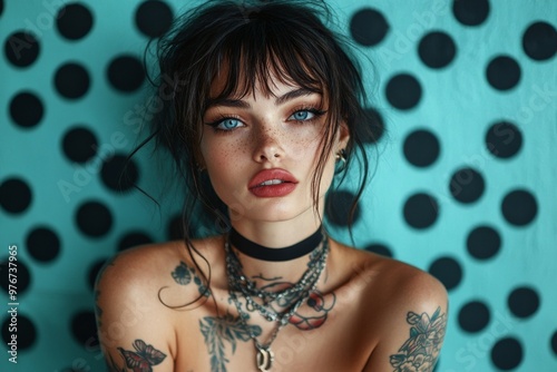Brunette goth rocker, female, fashion and make-up shoot Portrait. Gothic, Goth, Emo, New Wave, Dark style fashion. Dark smokey make-up, red lipstick. Dramatic. Elegant.	

