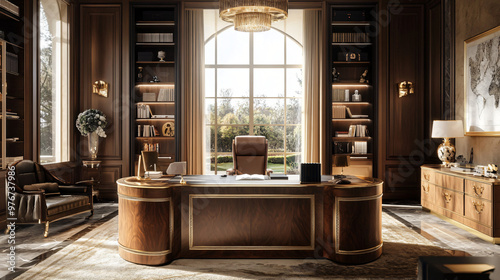 An elegant executive office with a large desk, high-end furnishings, and a comfortable chair.