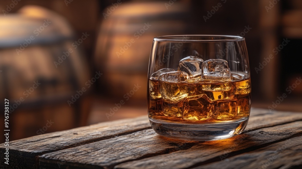 A glass of amber liquid with ice cubes on a wooden table in front of wooden barrels.