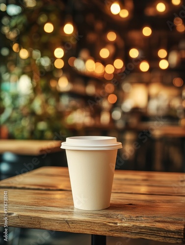 Coffee Cup on Wooden Table in Coffee Shop with Bokeh Lights