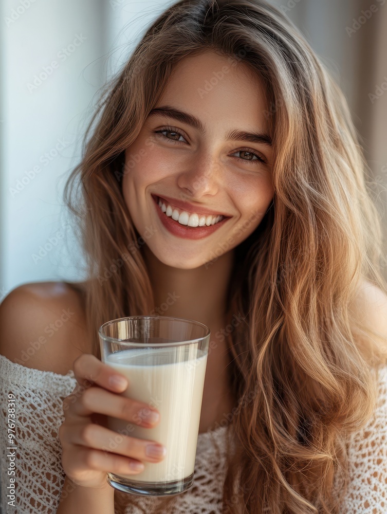 Young woman smiling while holding a glass of milk Young woman smiling while holding a glass of milk