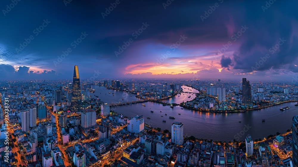 Obraz premium Panoramic of Ho chi minh city or Saigon city at twilight in Vietnam.