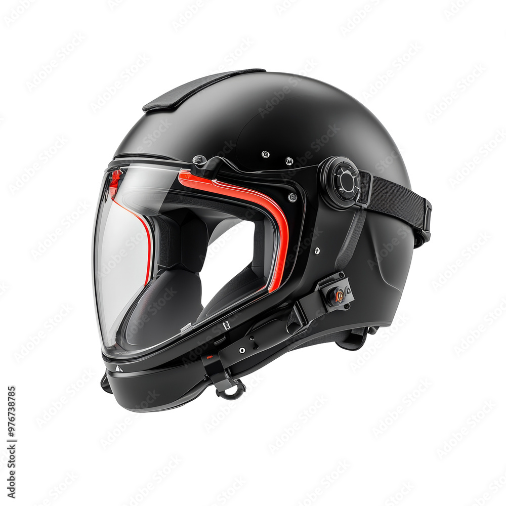 Fototapeta premium Glossy black motorcycle helmet with visor and red accents