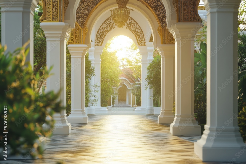 Naklejka premium A long hallway with white pillars and a sun shining through the archway