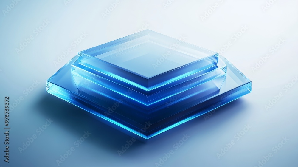 Multi-layered hexagonal shapes, glass transparency with glowing neon blue edges, smooth gradient transitions, white background, futuristic minimalism Multi-layered hexagonal shapes, glass transparency with glowing neon blue edges, smooth gradient transitions, white background, futuristic minimalism