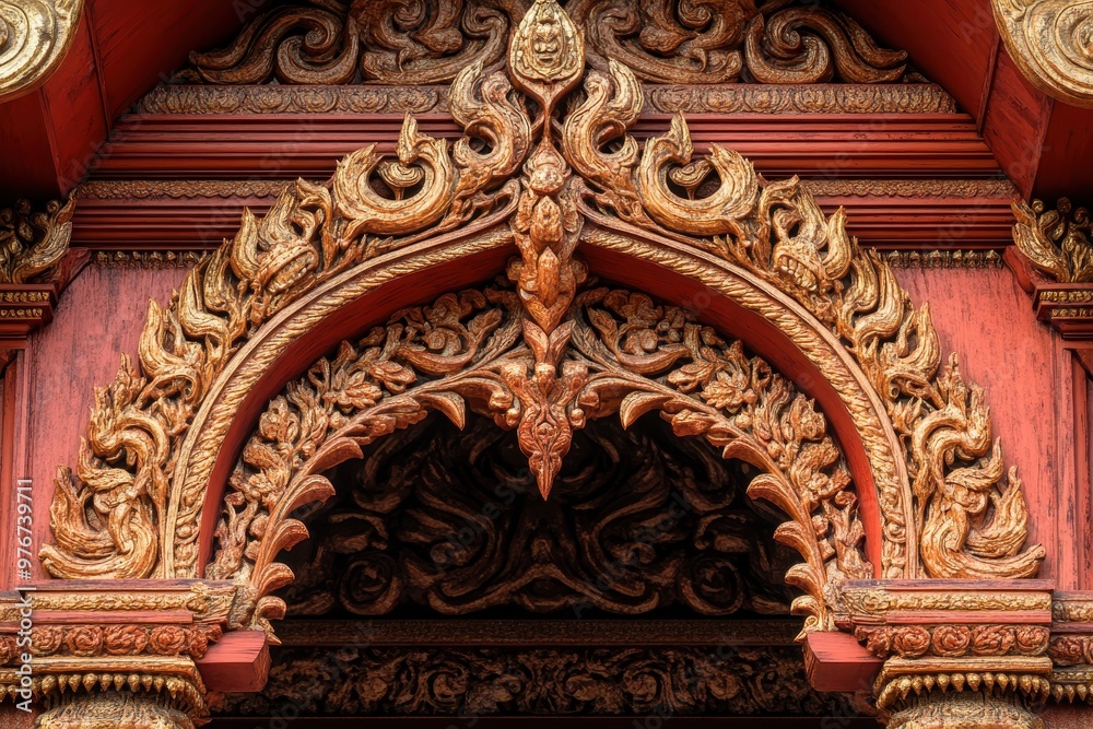 Fototapeta premium The building has gold trim and a white frame