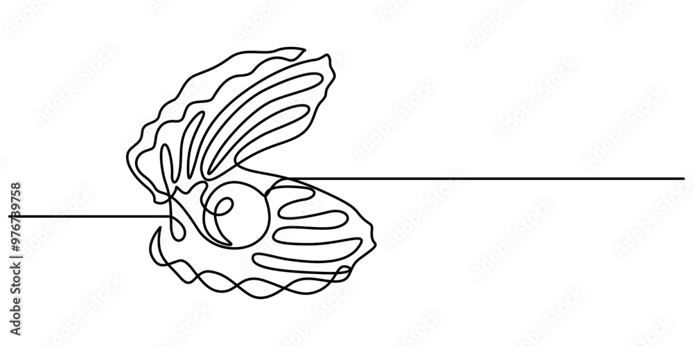 Fototapeta premium Continuous one line drawing natural open pearl shell close up. Modern minimalist ison or logo in black and white colors. Vector illustration, Continuous one line drawing of open oyster shell seashell