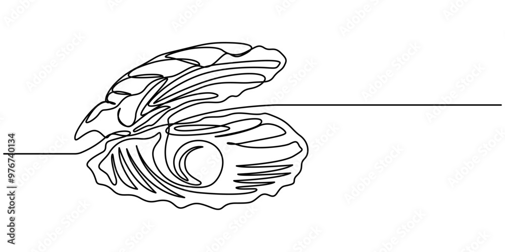 Continuous one line drawing natural open pearl shell close up. Modern minimalist ison or logo in black and white colors. Vector illustration, Continuous one line drawing of open oyster shell seashell Continuous one line drawing natural open pearl shell close up. Modern minimalist ison or logo in black and white colors. Vector illustration, Continuous one line drawing of open oyster shell seashell