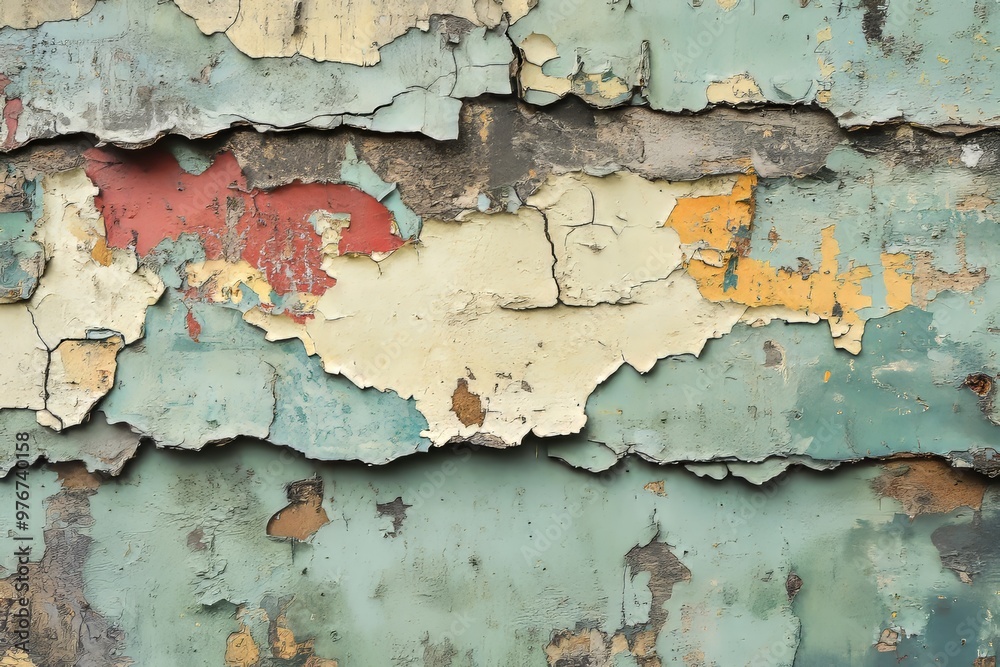 Peeling graffiti on an aged urban wall, chipped concrete and worn paint layers, muted grays and faded greens, grunge aesthetic, high texture detail, vintage industrial style