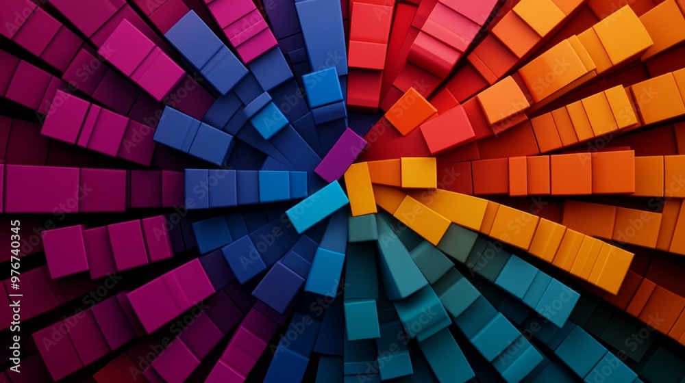 Fototapeta premium Psychedelic brick wall, swirling patterns of multicolored bricks, abstract fractals, bold neon colors, distortion effect, 3D illusion, fantasy style