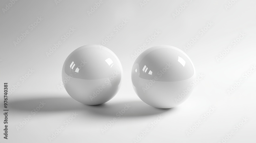 Two white spheres sit on a plain white surface with ample empty space around them. Two white spheres sit on a plain white surface with ample empty space around them.