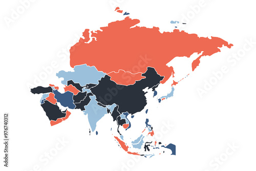Asia map on white background. Asia different colors. Can use for printing, website, presentation element, textile. World map vector illustration, high-resolution, travel.