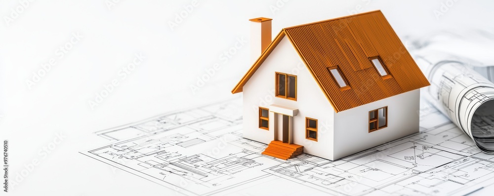 A model house on architectural blueprints, symbolizing design, construction, and real estate development concepts.