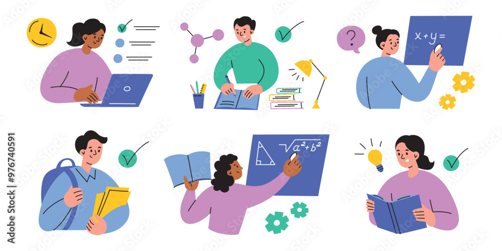 Education vector illustration set with students studying, reading, solving math problems, using laptops. Flat cartoon style, perfect for school, academic, or learning process designs and concepts Education vector illustration set with students studying, reading, solving math problems, using laptops. Flat cartoon style, perfect for school, academic, or learning process designs and concepts