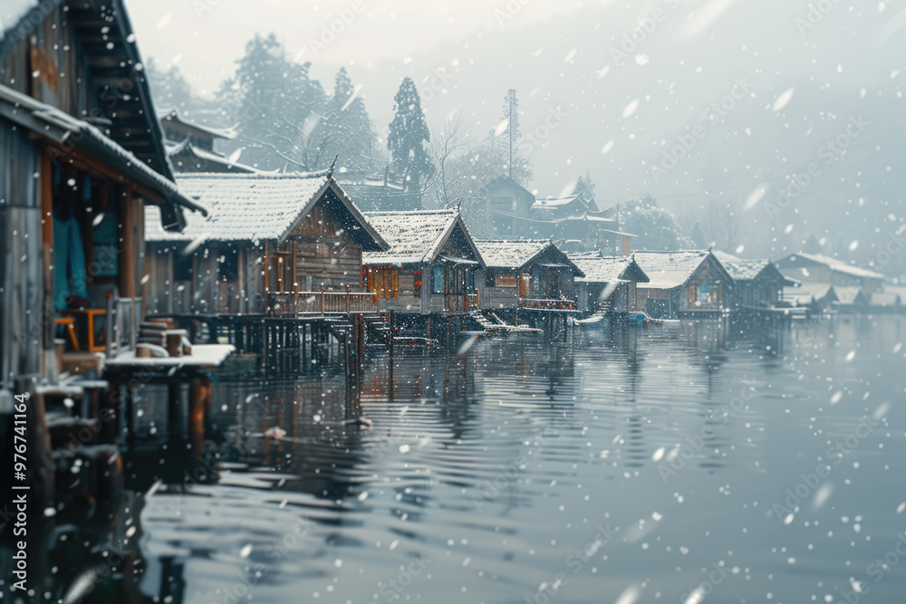 Fototapeta premium On snowy days, the wooden pavilion and boardwalk by the lake