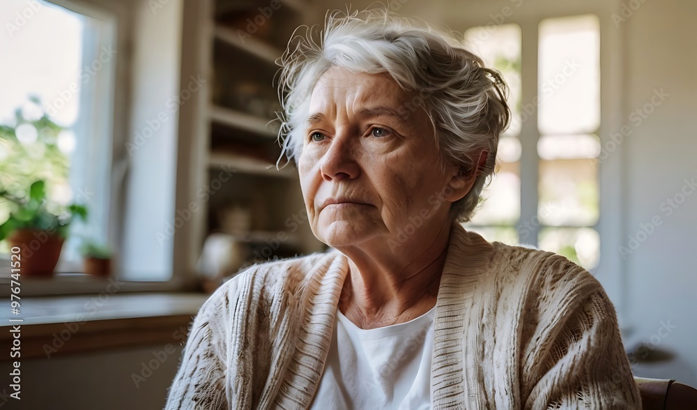 Senior elderly old woman sitting alone with loneliness in her home, concept of emptiness syndrome. Living alone with no one in aging society