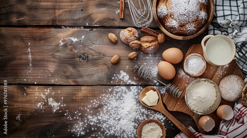 Rustic kitchen scene baking a cake with fresh ingredients on a vintage wooden table Rustic kitchen scene baking a cake with fresh ingredients on a vintage wooden table