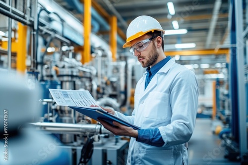 A Man in a White Lab Coat and Hard Hat Reviews Plans in a Factory