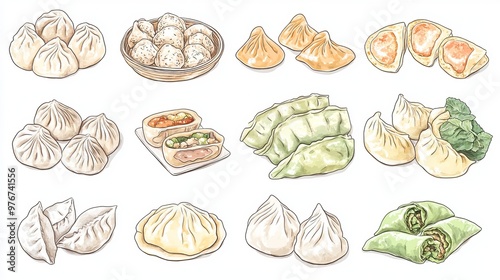 An illustration showcasing a diverse collection of filled dumplings from around the world, drawn in a hand-sketched style. The artwork features various types of dumplings such as wontons, khinkali, ra