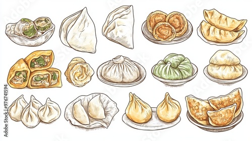 An illustration showcasing a diverse collection of filled dumplings from around the world, drawn in a hand-sketched style. The artwork features various types of dumplings such as wontons, khinkali, ra photo