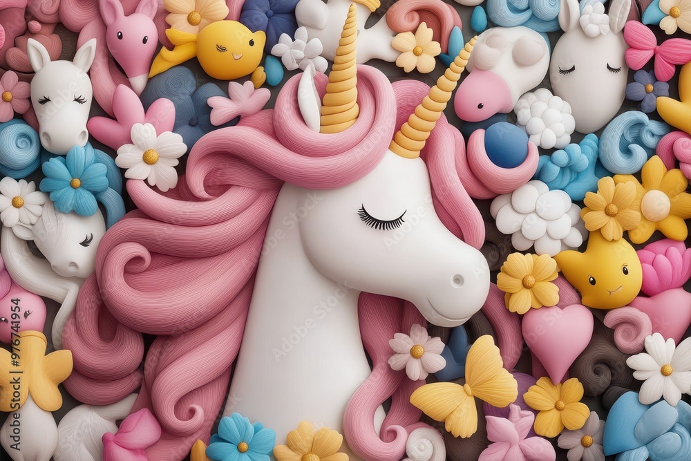Fototapeta premium Whimsical unicorn surrounded by colorful flowers and playful characters, perfect for children's themes and vibrant illustrations.