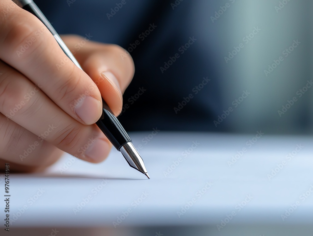 Closeup of a hand holding a pen, ready to sign a contract at the negotiation table, signing agreement, final stage of negotiation Closeup of a hand holding a pen, ready to sign a contract at the negotiation table, signing agreement, final stage of negotiation