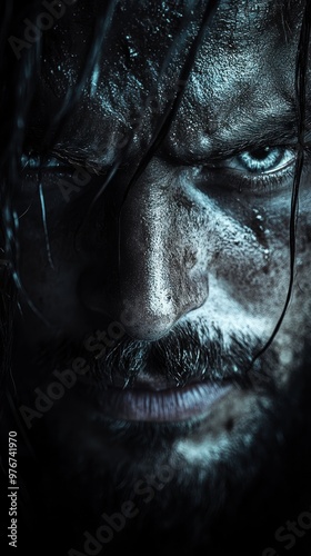 Intense close-up of a rugged man with piercing eyes and a fierce expression.