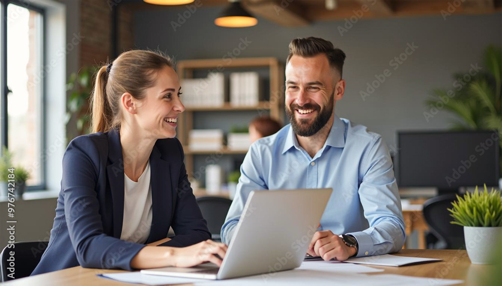 Happy professional business man and woman working on laptop at office meeting, two busy colleagues working together having conversation on project, discussing business plan at office Happy professional business man and woman working on laptop at office meeting, two busy colleagues working together having conversation on project, discussing business plan at office