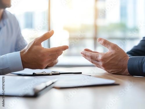 Mediator calming down two negotiators during a heated business argument, conflict resolution, negotiation management