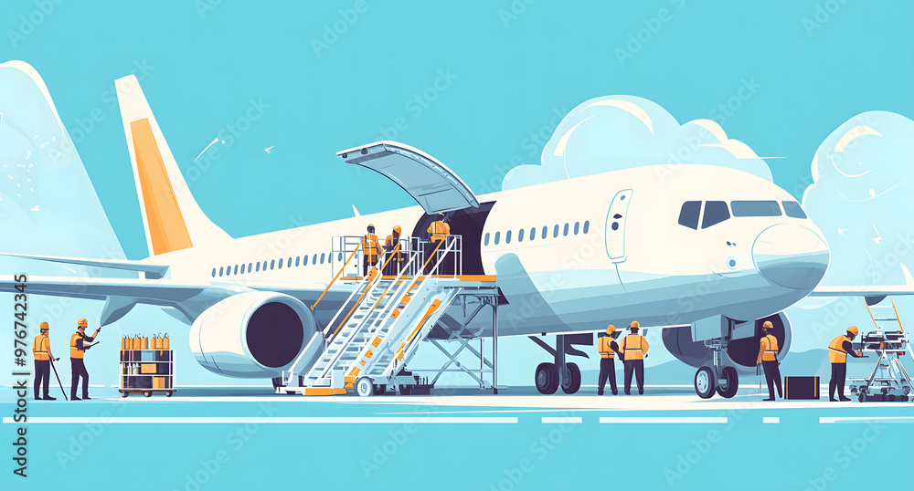 Airport Ground Crew Preparing Aircraft for Departure with Equipment and Personnel Airport Ground Crew Preparing Aircraft for Departure with Equipment and Personnel