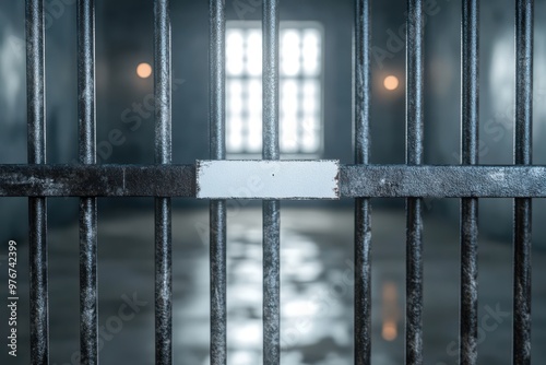 prison cell with a white sign on the bars photo