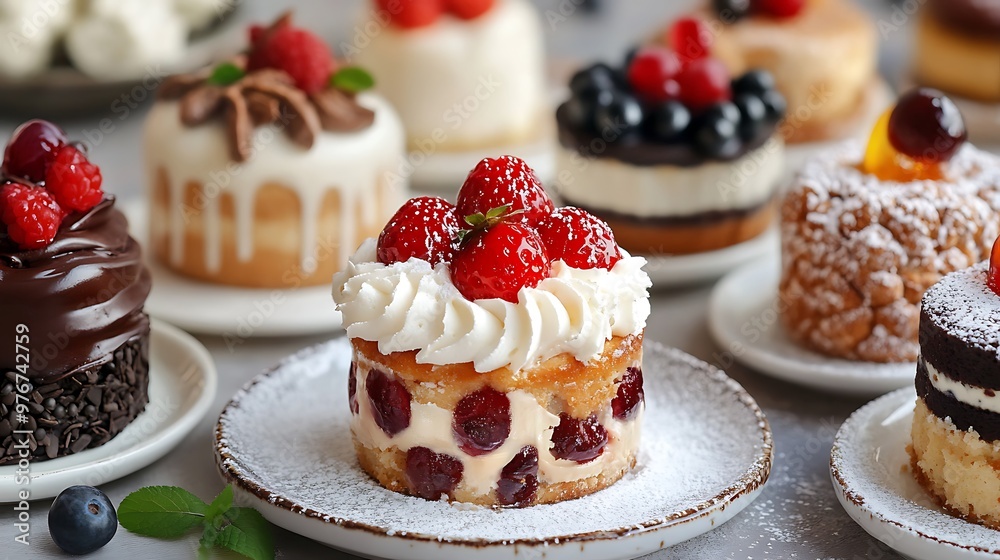 Assortment of Delicious Mini Cakes with Berries and Cream Assortment of Delicious Mini Cakes with Berries and Cream