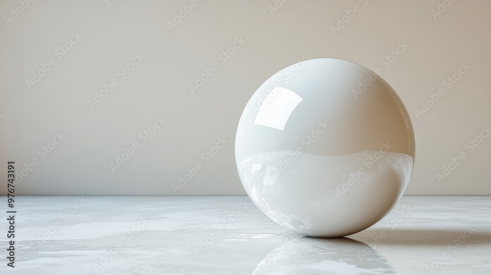 A reflective white sphere on a smooth surface with a neutral background. A reflective white sphere on a smooth surface with a neutral background.