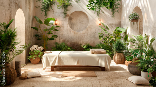 Ayurvedic spa setting, showcasing a massage table with herbal oils and fresh plants around, promoting a natural, healing environment.