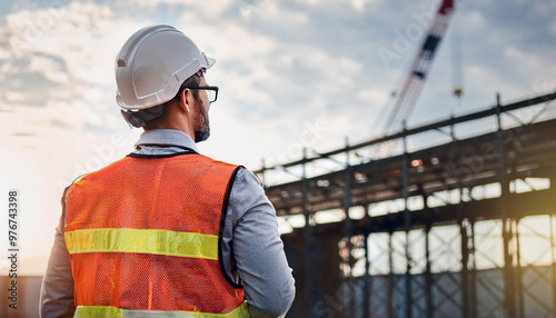 Gerente de ingeniero inteligente con uniforme de seguridad que verifica la construcción