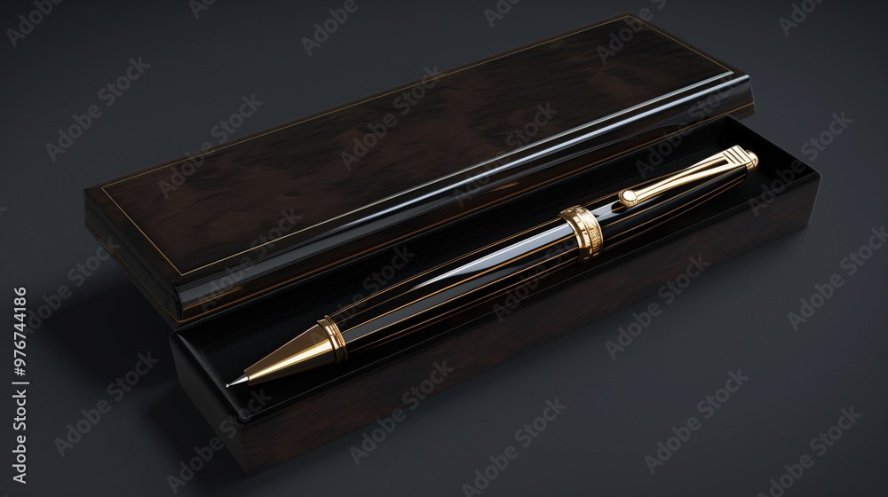 Elegant black and gold fountain pen displayed in a velvet-lined box Elegant black and gold fountain pen displayed in a velvet-lined box