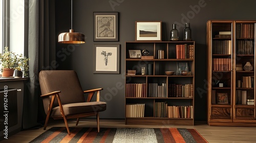 Cozy Reading Nook with Dark Walls and Bookshelves