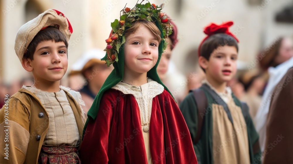 Obraz premium A group of children dressed up in costumes