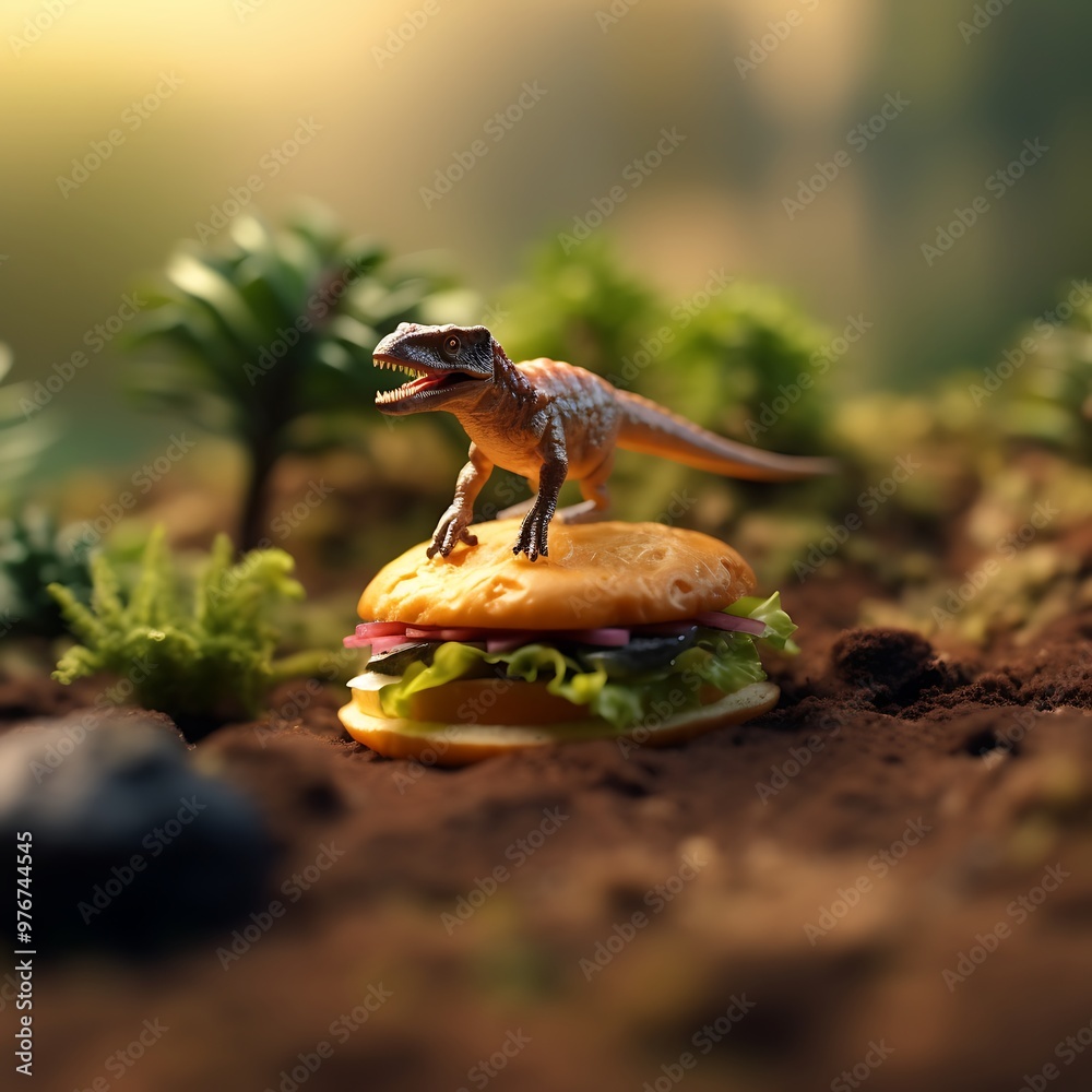 A toy dinosaur stands on top of a miniature hamburger in a miniature forest setting.