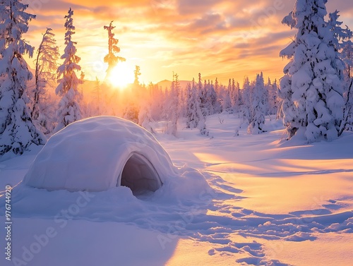 Snow-covered igloo nestled in a serene winter landscape, illuminated by the golden hues of a stunning sunset.