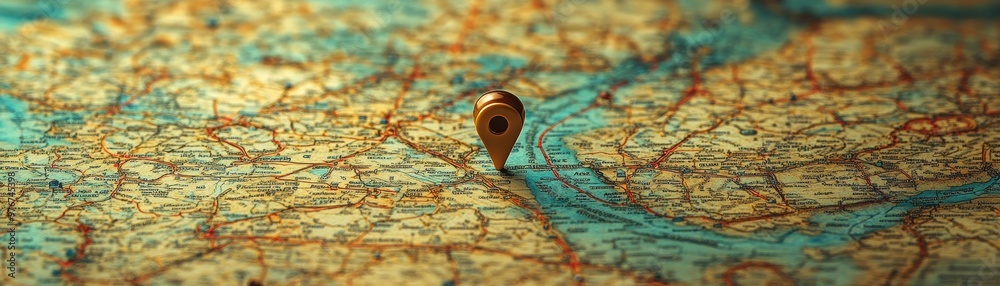 A close-up of a map with a location pin highlighting a specific destination, ideal for travel or navigation themes. A close-up of a map with a location pin highlighting a specific destination, ideal for travel or navigation themes.
