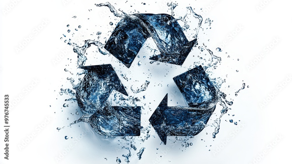 A dynamic recycling symbol formed by splashes of water, emphasizing sustainability and environmental awareness. A dynamic recycling symbol formed by splashes of water, emphasizing sustainability and environmental awareness.
