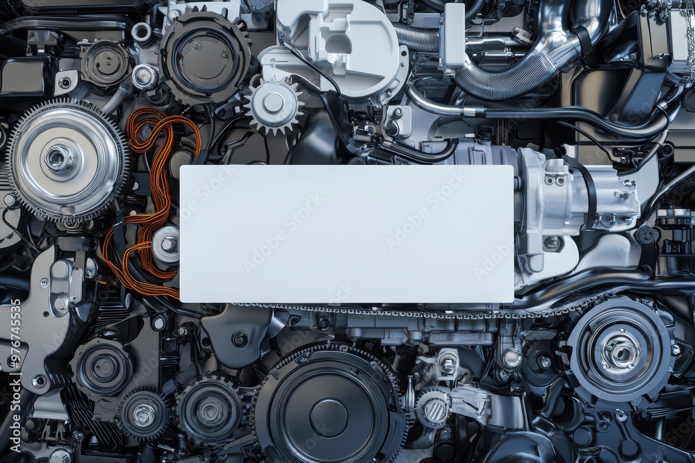 Fototapeta premium A white piece of paper is placed in the middle of a large collection of gears