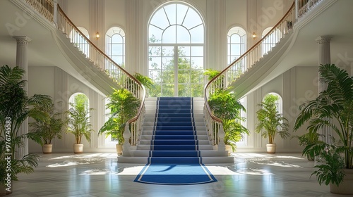 Elevate Your Space: Stunning Multi-Level Entrance Poster with Lavish Staircase and Striking Blue Runner - Perfect for Sophisticated Sports Interiors! photo