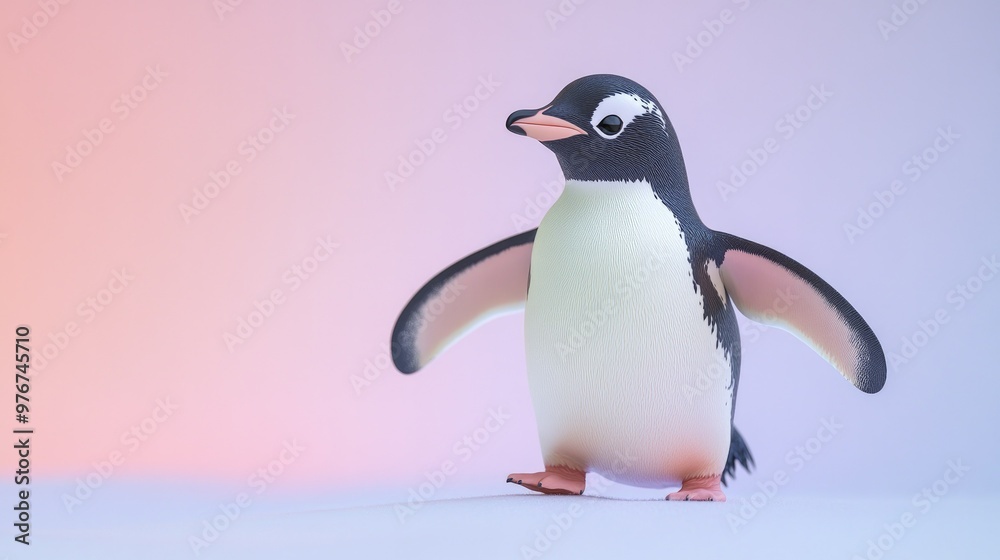 Fototapeta premium A 3D penguin waddling adorably with a soft pastel background on the right, symbolizing the charm and playfulness of these zoo birds