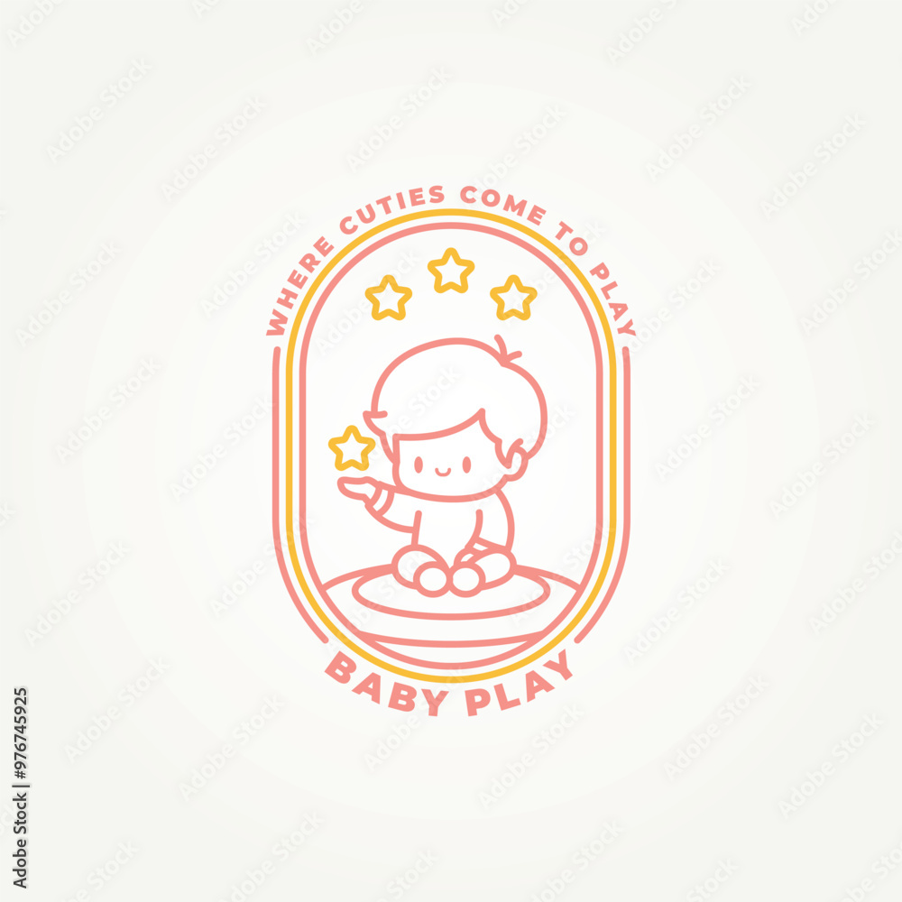 minimalist cute baby is sitting with stars line art badge icon logo vector illustration design. simple modern baby shop emblem logo concept minimalist cute baby is sitting with stars line art badge icon logo vector illustration design. simple modern baby shop emblem logo concept