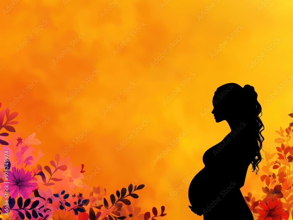 A beautiful silhouette of a pregnant woman surrounded by colorful flowers against a vibrant orange backdrop. A beautiful silhouette of a pregnant woman surrounded by colorful flowers against a vibrant orange backdrop.