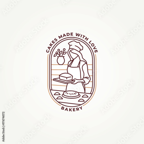 minimalist woman making bread or cake line art badge icon logo vector illustration design. simple modern bakery, restaurant, catering, deli emblem logo concept