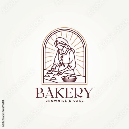 minimalist woman making bread or cake for restaurants and bakeries business line art badge icon logo vector illustration design